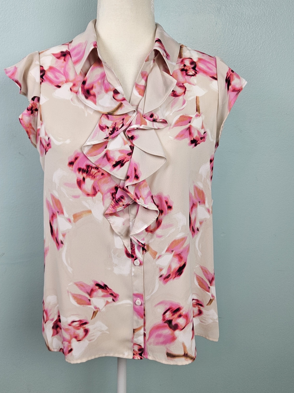 NWT Calvin Klein Pink & Beige Floral Ruffle Sleeveless Blouse